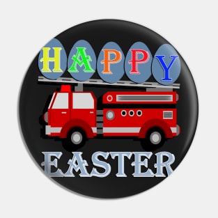 Happy Easter Design for Kids, Firetruck carrying Easter eggs that spell out HAPPY and Easter under the truck. Pin