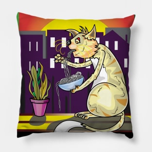 Cat Eating Spaghetti And Watching Sunset Scene Pillow