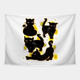 Cat silhouette on top of wildflowers feelings pattern black cats  among dandelions And daisies floral bright flowers Tapestry