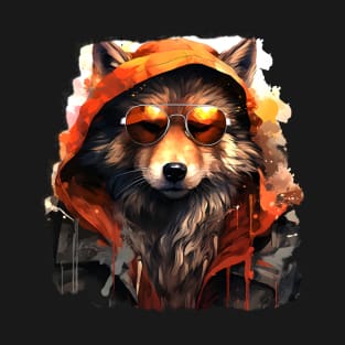 Urban Wolf: Portrait of a Hooded Sunglasses-Wearing Wolf T-Shirt