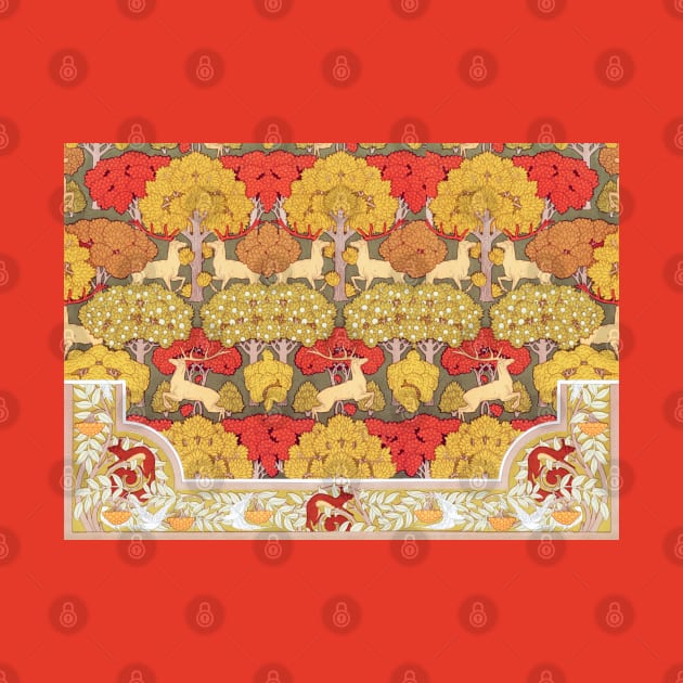 Deer and Trees,Squirrel,Doves and Rowan Red Yellow Art Nouveau Floral by BulganLumini