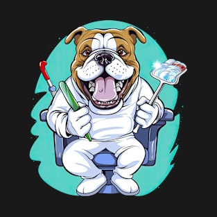 a Dentist English Bulldog wearing a white coat, holding a toothbrush in one paw and a dental mirror T-Shirt