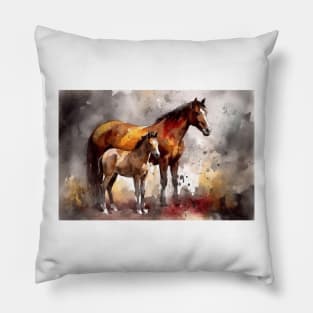 Bonding Moments: Mother and Foal Watercolor Pillow