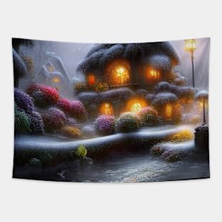 Magical Fantasy House with Lights in a Snowy Scene, Fantasy Cottagecore artwork Tapestry