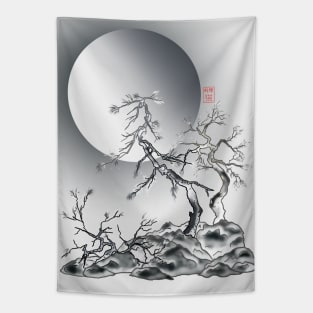 sumiE ink and pencil japanese pine trees and a full moon Tapestry