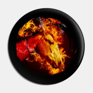 Fire horse, horse of fire, horse on fire. Distressed circle. Pin