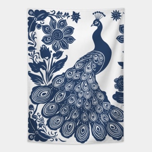 Peacock Folk Art Block Print Navy Blue Tapestry