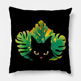 Black Cat with Tropical Leaves in the Sunset Pillow