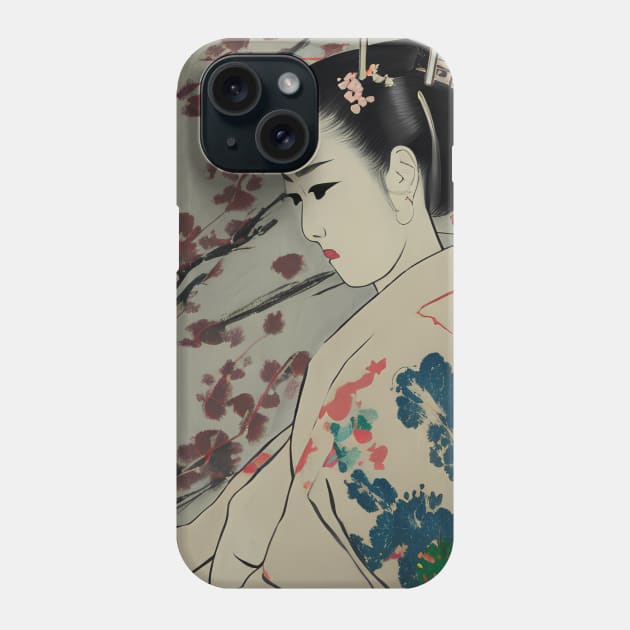Geisha with floral kimono drawing Phone Case by Ravenglow