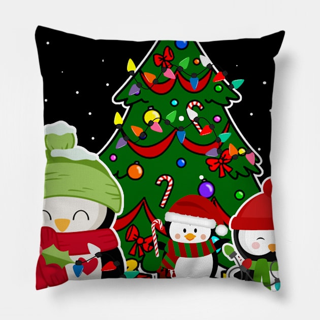 3 Three Santa Penguins Costume Cute Christmas Tree Lights Pillow by johnbbmerch