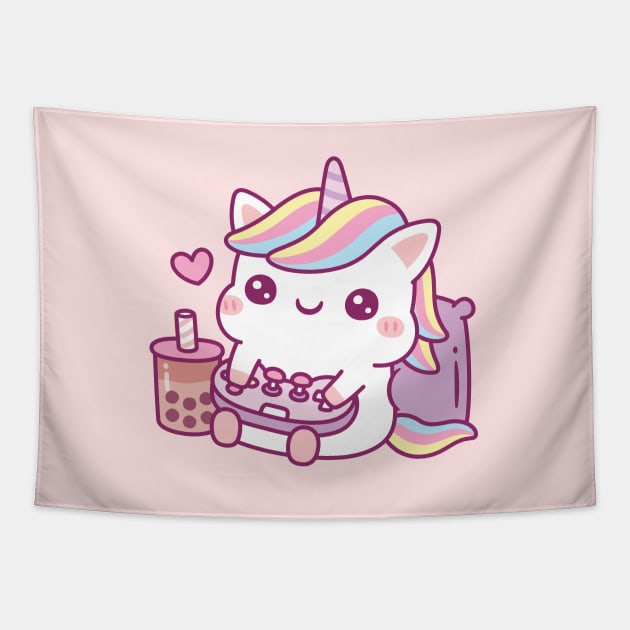 Cute Little Unicorn Loves Playing Video Games Tapestry by rustydoodle