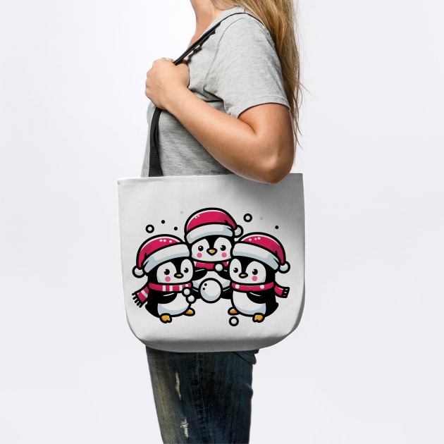 Adorable Cute Penguin Santa Hat Winter Snowball Fight by Frank Ring