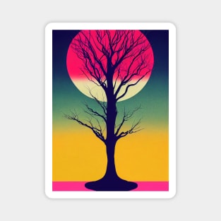 Pink Full Moon Over A Vibrant Colored Whimsical Minimalist Lonely Tree - Abstract Minimalist Bright Colorful Nature Poster Art of a Leafless Branches Magnet