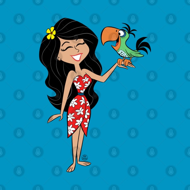 PRETTY ISLAND WOMAN AND TROPICAL BIRD by markscartoonart62