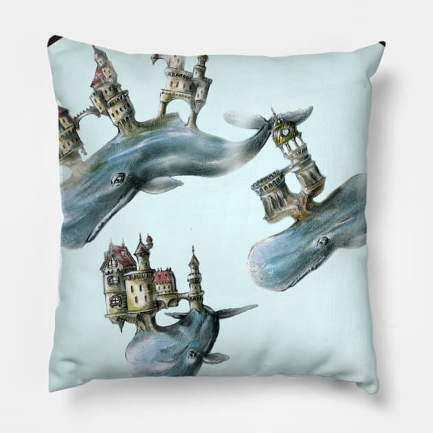 Whale Castles Pillow by natearts