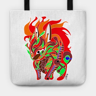 flames rabbit kaiju in rainbow electric colors in mexican patterns Tote