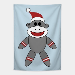 Cute Sock Monkey With Santa Hat Christmas on Blue Tapestry