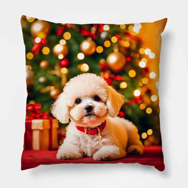 Bichon Frise Puppy Dog by Christmas Tree Pillow by nicecorgi