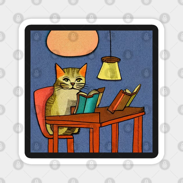 Cat Studying In The Library Illustration Magnet by SubtleSplit