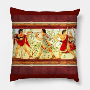ETRUSCAN DANCERS AND MUSICIANS WITH LYRA AND AULOS Antique Tarquinia Fresco Pillow