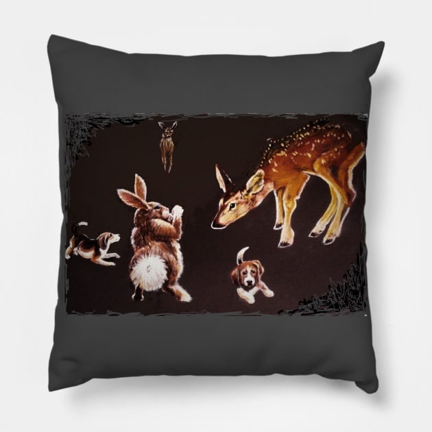 Backyard Playing Beagles, Rabbit and Fawn Pillow by CougarCreations