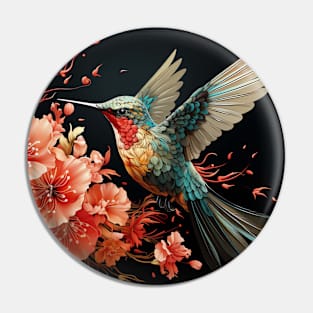 Hummingbird in Flight with Pink Flowers Pin