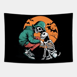 Human Skeleton sitting with Dog Skeleton Tapestry