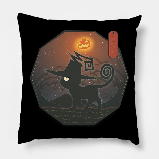 Japanese Halloween Cat with Pumpkin Moon -  Anime Neko Pillow by MythoCulture