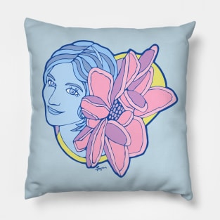 Pretty Woman in Blues with Giant Pink Flower Pillow