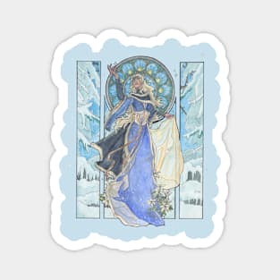 Lady Snowflake Art Nouveau Winter Goddess with Poinsettia and Stained Glass  Spirits of Winter Series Magnet