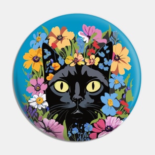 Black Cat in Flowers Pin