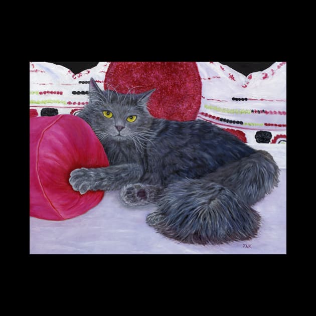 Russian Blue Cat on Rose Colored Pillows by KarenZukArt