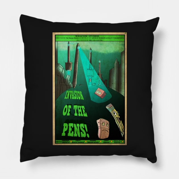 Invasion Of The Pens Pillow by jimmygatti