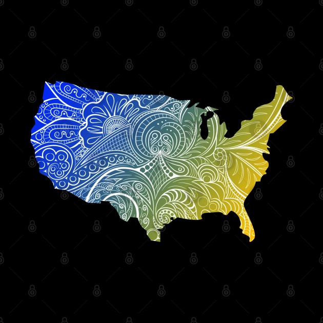 Colorful mandala art map of the United States of America in blue and yellow by Happy Citizen