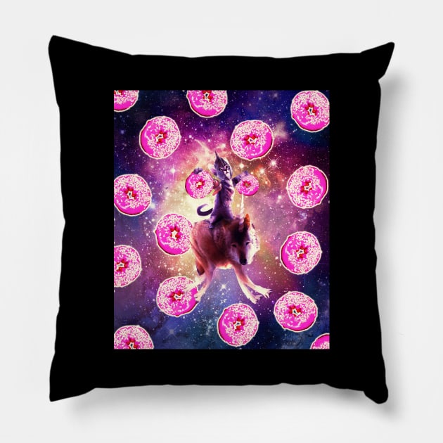 Warrior Space Cat On Wolf Unicorn - Donut Pillow by Random Galaxy