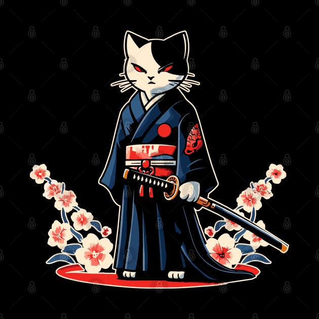 Kawaii Cat Anime Japanese Retro Samurai Novelty Funny Cat by KsuAnn