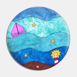 Fantasy sea art with waves, sailing boat and lighthouse Pin