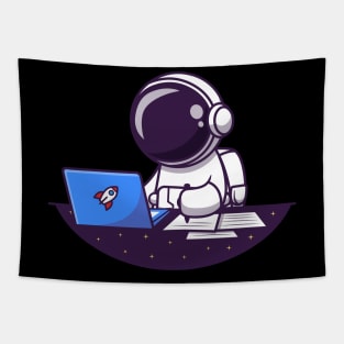 Astronaut Working On Laptop And Writing Cartoon Tapestry