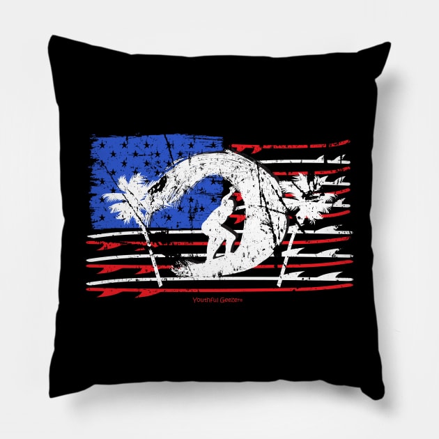 Surfing American Flag Surfboard Design Pillow by YouthfulGeezer