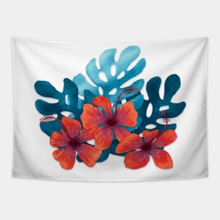 Tropical hibiscus flowers in red Tapestry