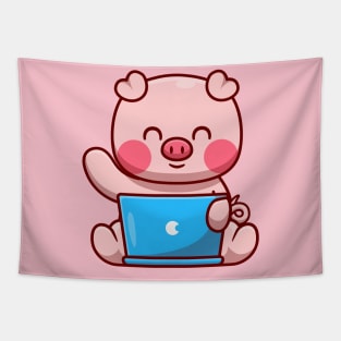 Cute Pig Working On Laptop Cartoon Tapestry