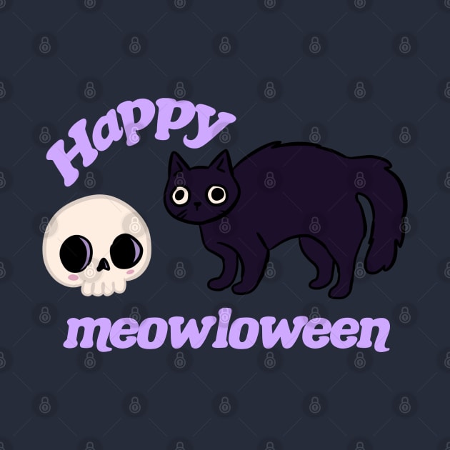 Happy meowloween a cute black cat with a skull by Yarafantasyart