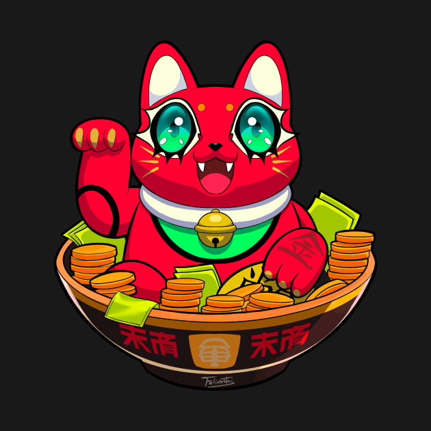 Cute Maneki Neko Ramen T-Shirt 2 by felixantosart