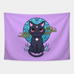 Cute anime black cat illustration with white stars. Cyberpunk manga cat. Tapestry