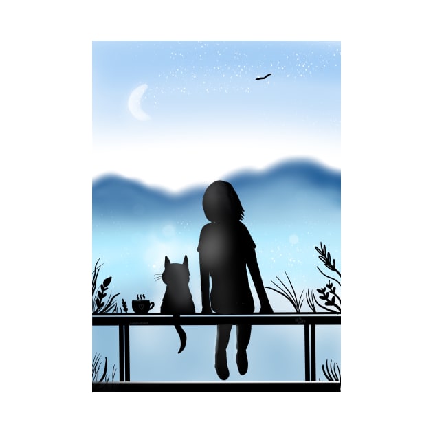 Blue peace - A girl and her cat calmly watching the sky by HappyPawtraits