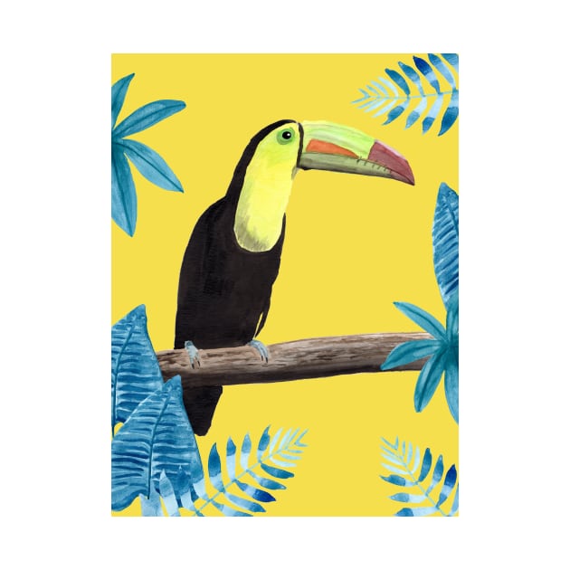 Toucan with tropical leaves and a yellow background by Sandraartist