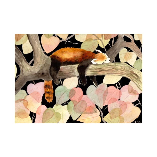 Red Panda with fall foliage at night Watercolor Illustration by Sandraartist