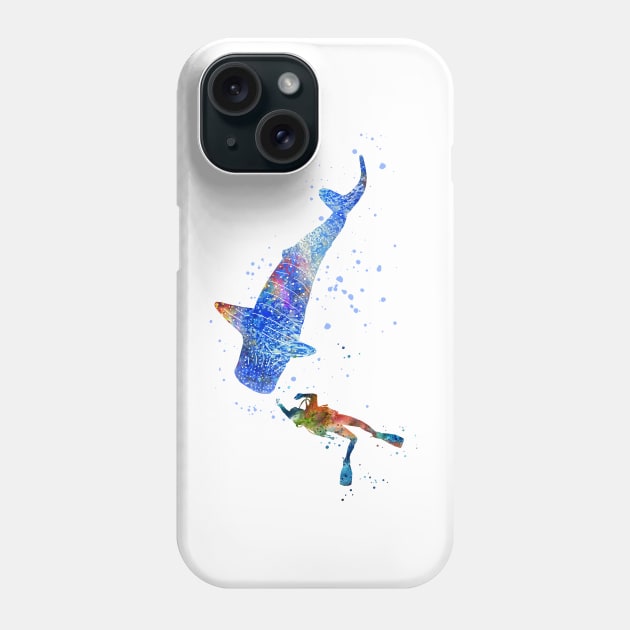 Scuba diver, blue whale shark Phone Case by RosaliArt