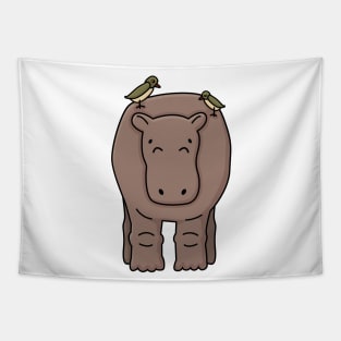 Brown outline cartoon gray kid hippo stands on the ground Tapestry