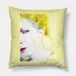 Portrait, digital collage and special processing. Face glimpse.Very beautiful guy. Very soft. Warm yellow, white. Pillow